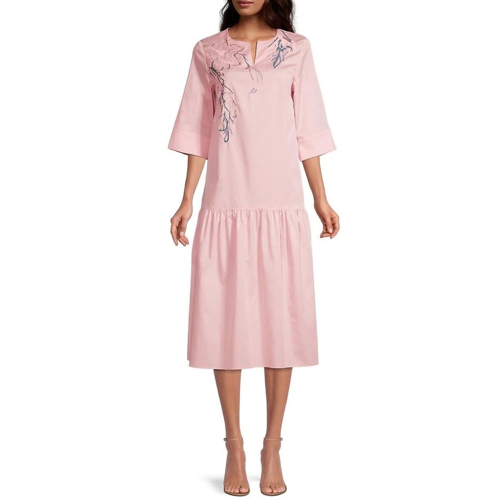 Misook Embroidered Drop Waist Dress Pink Midi Cotton Blend Split V-Neck Large